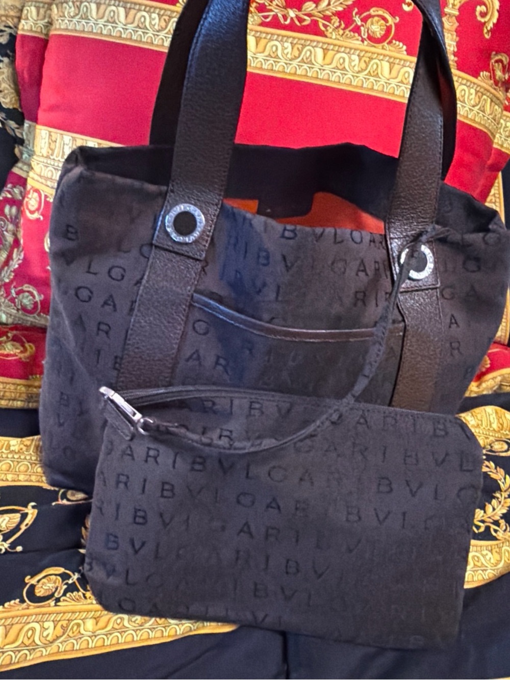 Bulgari Brown Jacquard Tote with Matching Pouch